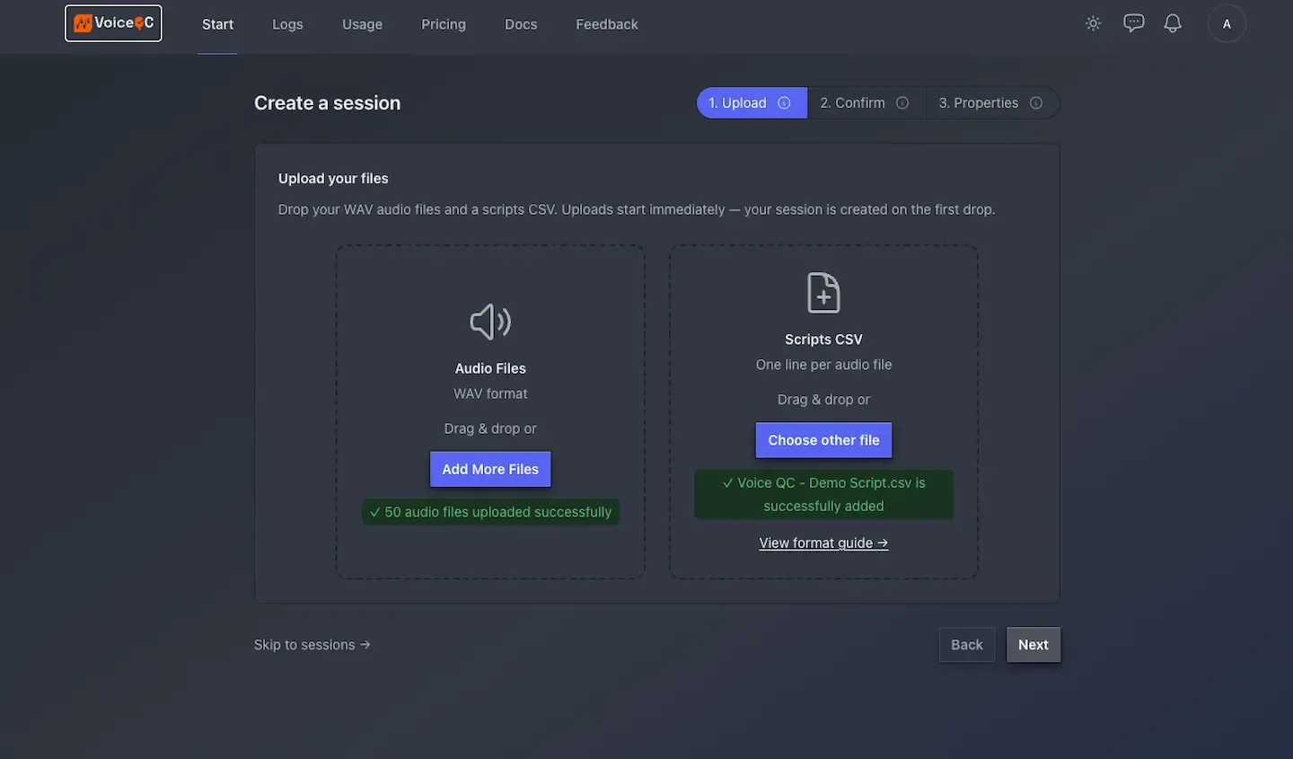 The Create a Session Upload screen with two drop zones showing that audio files and script have been added successfully.