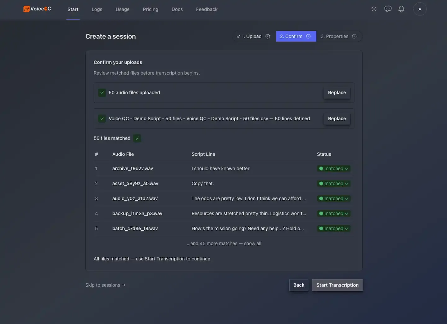 The Create a session sonfirm screen listing how many audio files and script lines have been added.
